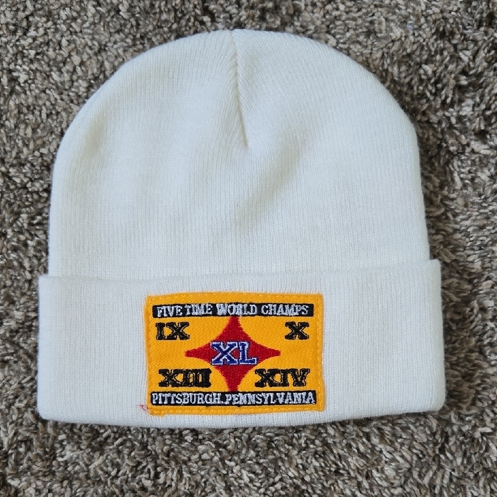Vintage White Steelers Beanie with "Five Time World Champ" Patch Size Large